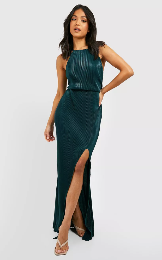 Boohoo Emerald Pleated Leg Slit Maxi