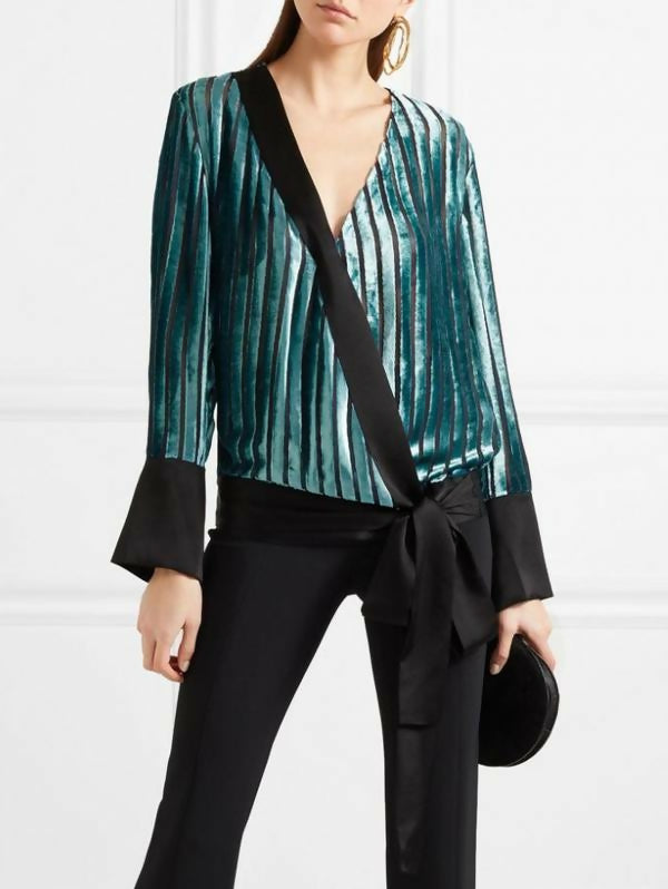 Diane Von Furstenberg Long Sleeve Crossover Striped Velvet Blouse - Stripes - Blue Multi - XS