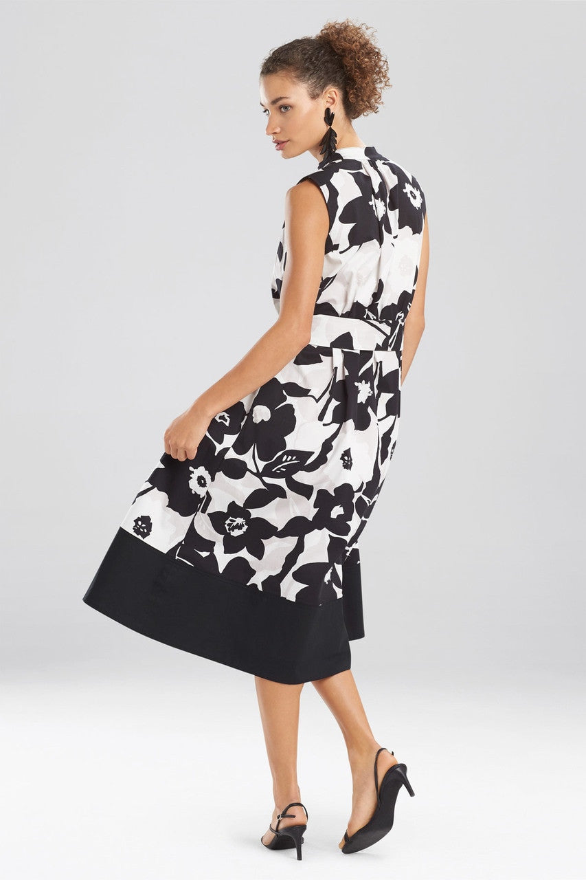 Natori Garden Mandarin sleeveless Dress pockets, belted Floral Black white beige Small