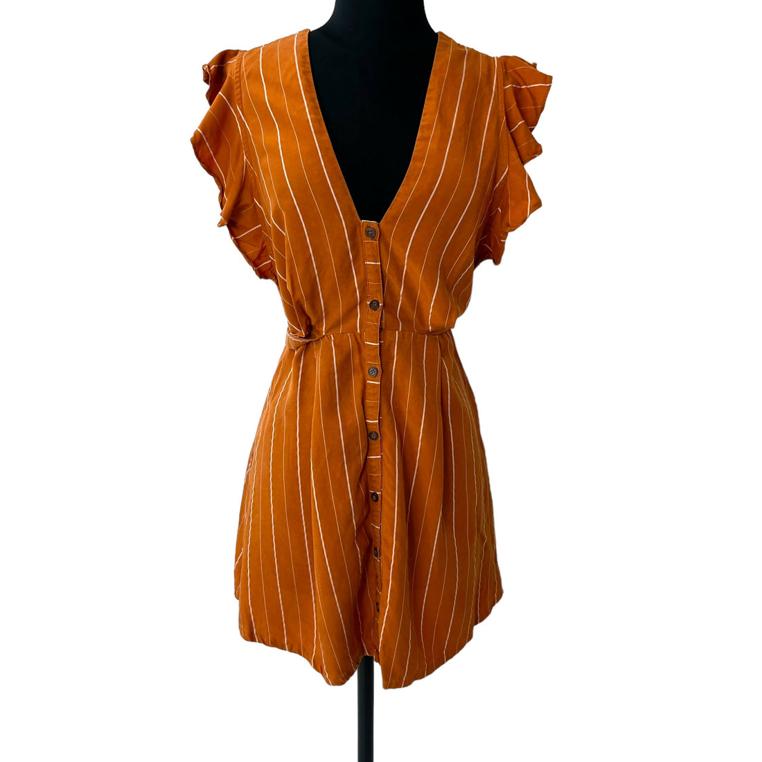 ASTR the Label Upcycled Butterfly Sleeve Deep V-Neck Button-Front Mini Dress - Stripes - Orange Multi/Papaya Stripe - M