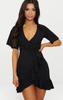 PrettyLittleThing Black Frill Detail Wrap Dress / XS