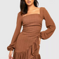 Boohoo Brown Textured Puff Long Sleeve Mini Dress / S