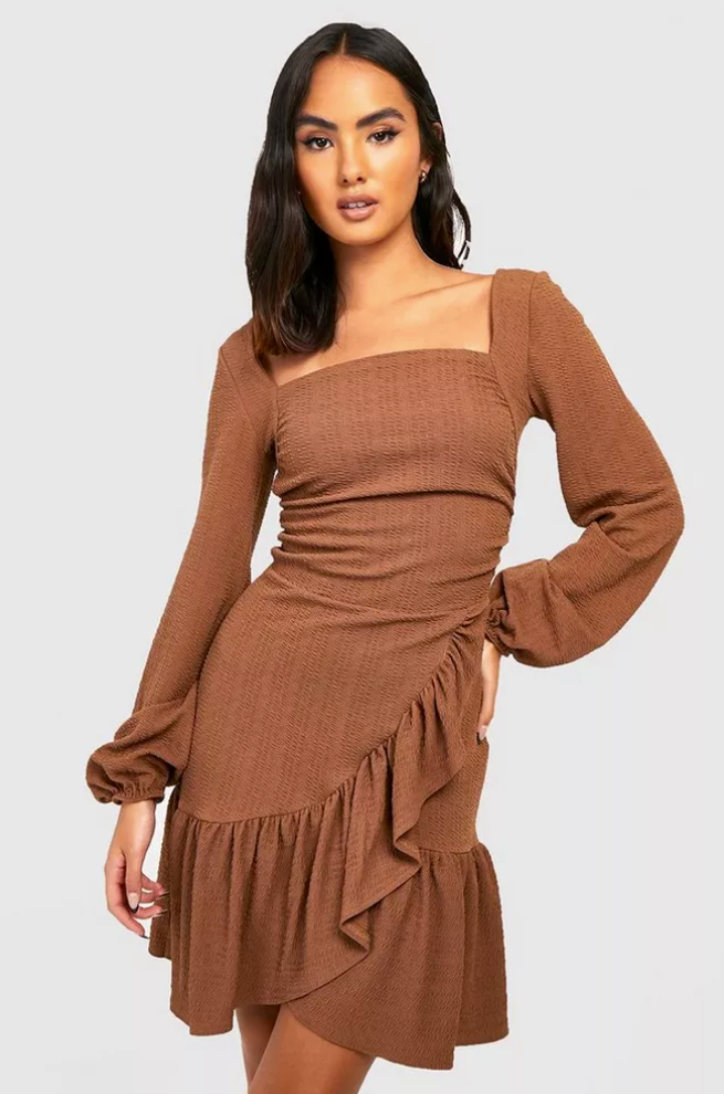 Boohoo Brown Textured Puff Long Sleeve Mini