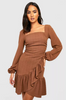 Boohoo Brown Textured Puff Long Sleeve Mini Dress / S