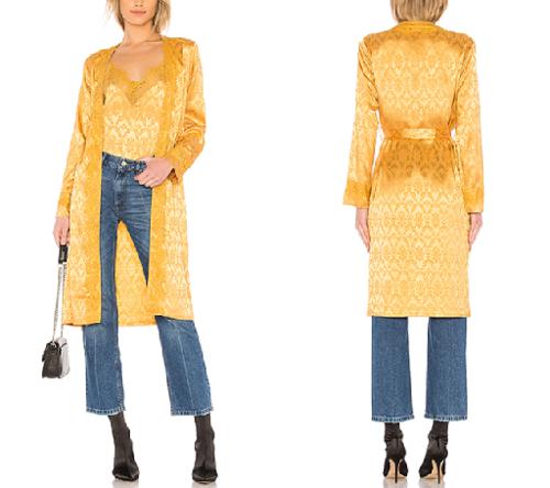 Majorelle Long Sleeve Printed Lace-Trim Self-Belt Robe - Floral - Yellow - M