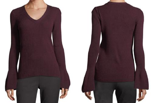 Tahari ASL Wool Blend V-Neck Bell-Sleeve Sweater - Purple - XS