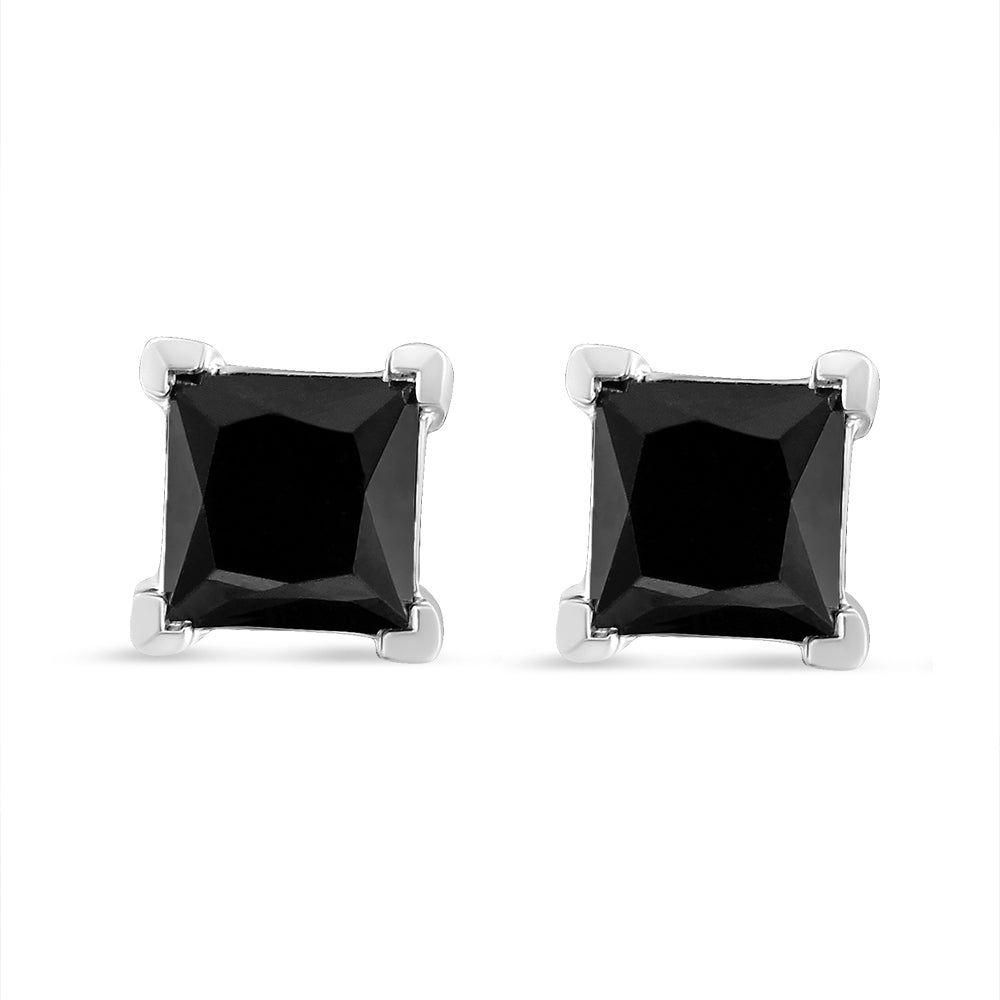 Haus of Brilliance 14K White Gold 1/2 Cttw Princess-Cut Treated Black Diamond Classic 4-Prong Stud Earrings with Push Backs (Fancy Color-Enhanced, I2-I3 Clarity)