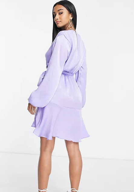 Asos Lavender Satin Wrap Long Sleeve Mini Dress