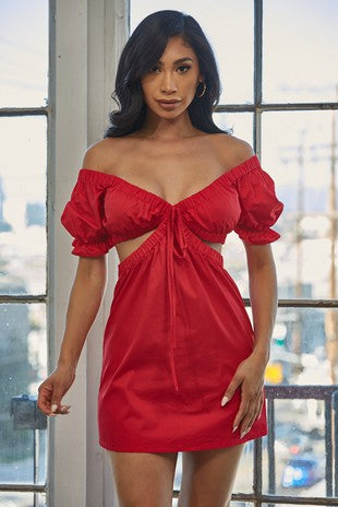 The Vintage Shop Red Off The Shoulder Side Cut Out Mini / S