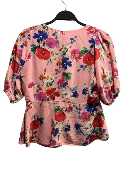 Yumi Kim Short Elastic Sleeve Button Front Blouse - Floral - Pink Multi/Sunnyside Pink (Silk Blend) - M