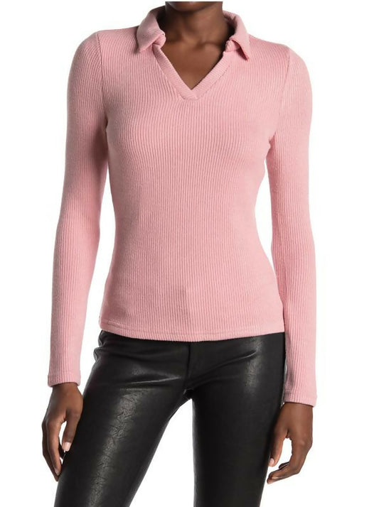 Walter Baker Spread Collar Hudson Rib Knit Top in Dusty Pink XL