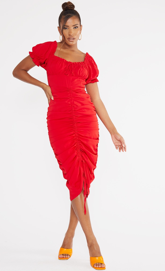 PrettyLittleThing Red Ruched Center Bardot Midi Dress / S