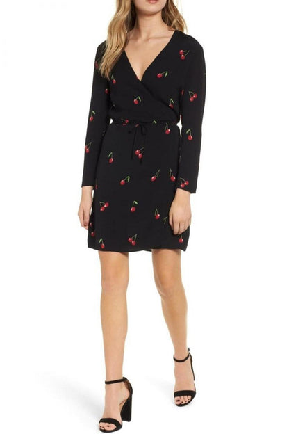 Rails Long Sleeve V-Neck Printed Wrap Dress - Abstract - Black Multi/Cerise