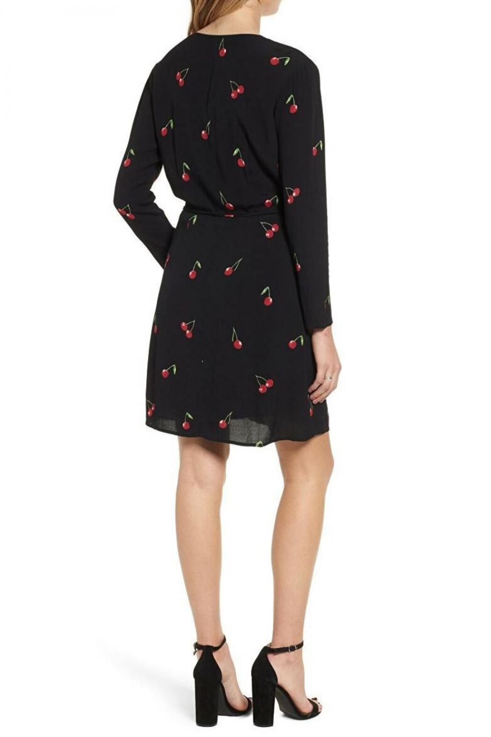 Rails Long Sleeve V-Neck Printed Wrap Dress - Abstract - Black Multi/Cerise