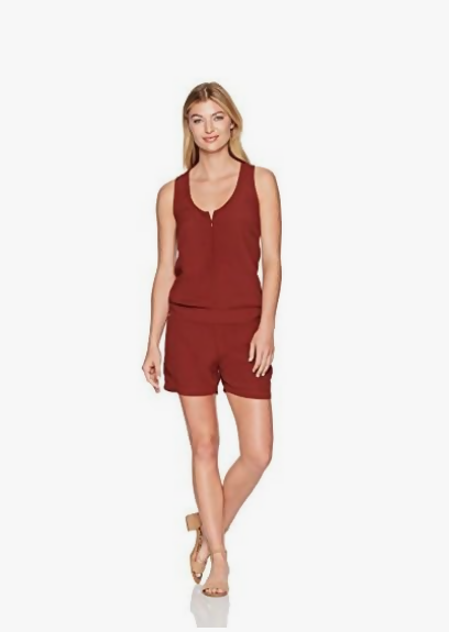 Monrow Sleeveless Scoop Neck Zip Front Romper - Red - S