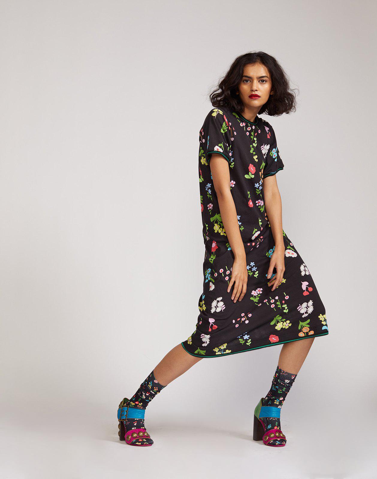 Cynthia Rowley Raya Tee Midi Dress - Floral - Black Multi/Black Floral