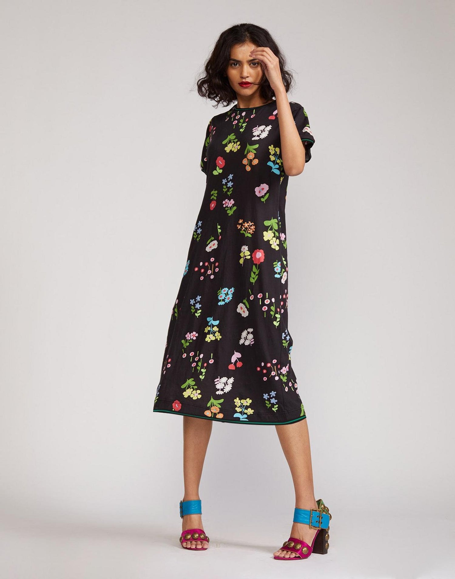 Cynthia Rowley Raya Tee Midi Dress - Floral - Black Multi/Black Floral