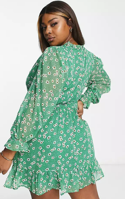 Asos Green Floral Print Wrap Long Sleeve Dress