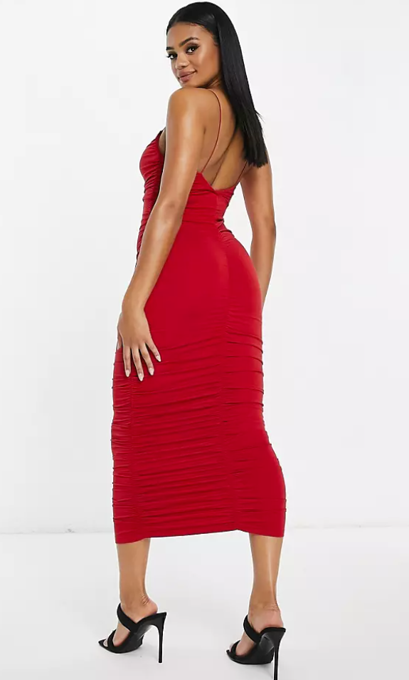 Asos Red Strappy Ruched Midi Dress / XS