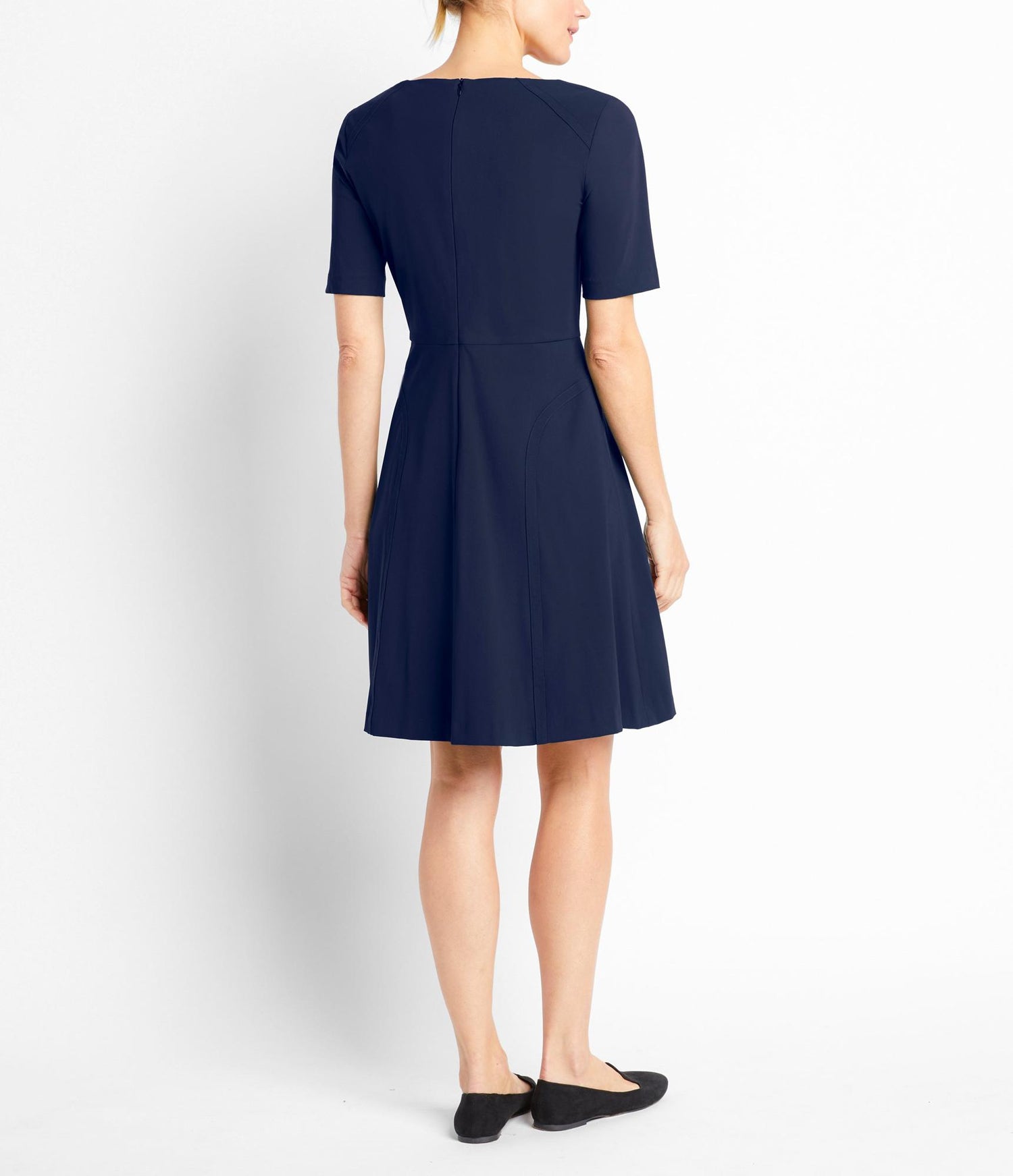 Of Mercer Long Sleeve Inverted-Pleat Fit and Flare Dress - Navy - XS