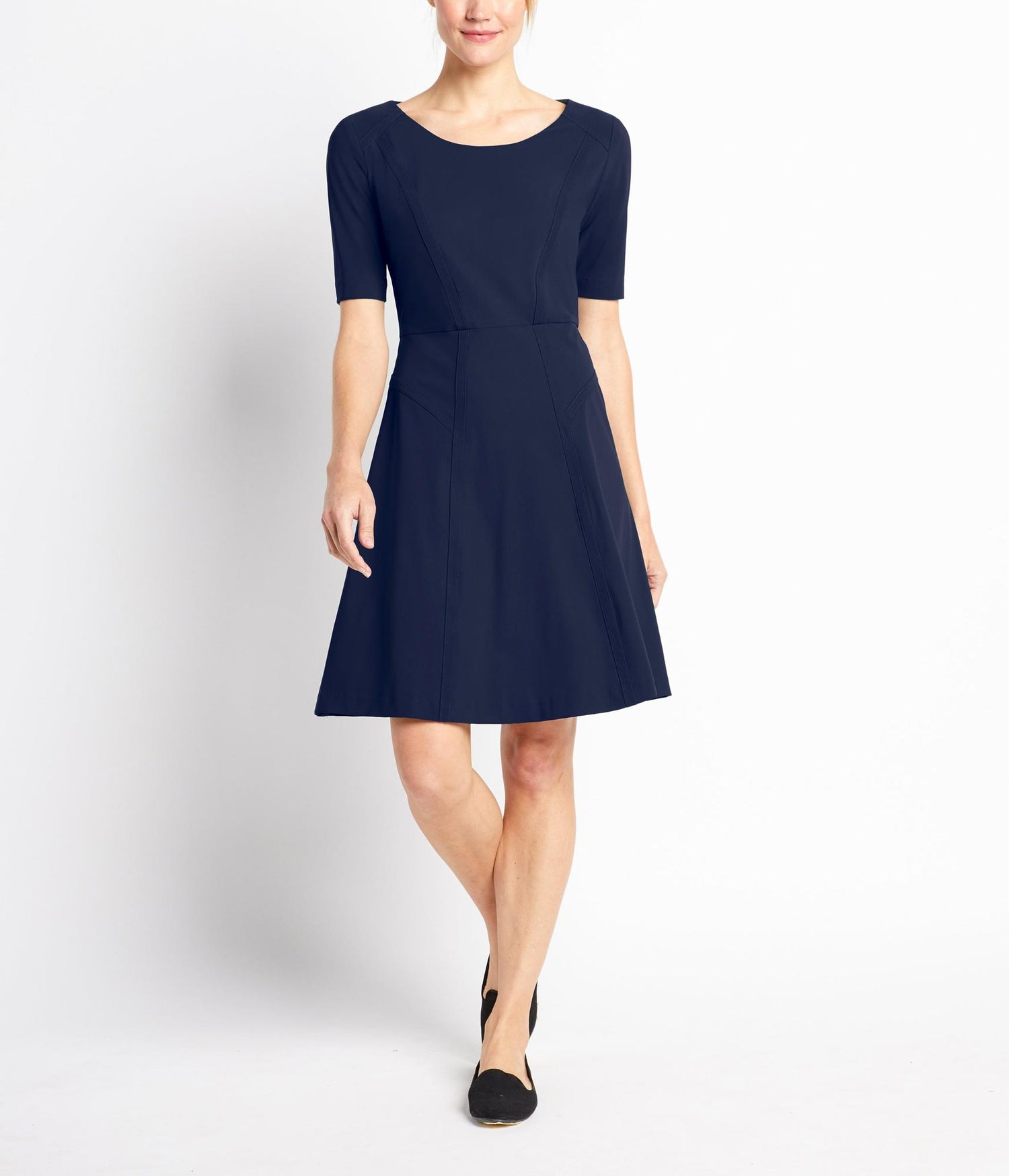 Of Mercer Long Sleeve Inverted-Pleat Fit and Flare Dress - Navy - XS