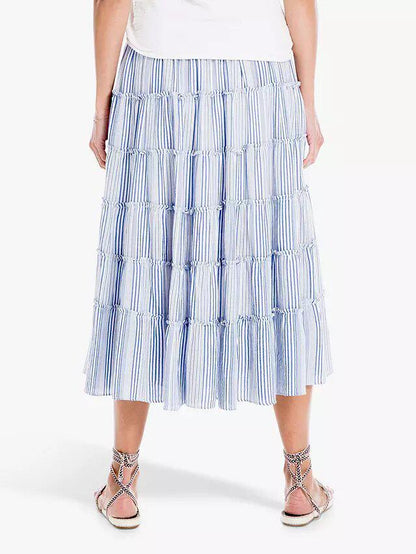 Max Studio Stripe Tiered Midi Skirt - Stripes - Blue Multi/Blue/Multi