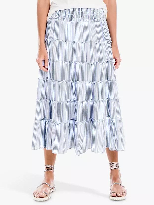 Max Studio Stripe Tiered Midi Skirt - Stripes - Blue Multi/Blue/Multi