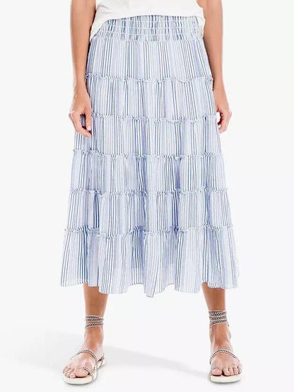 Max Studio Stripe Tiered Midi Skirt - Stripes - Blue Multi/Blue/Multi