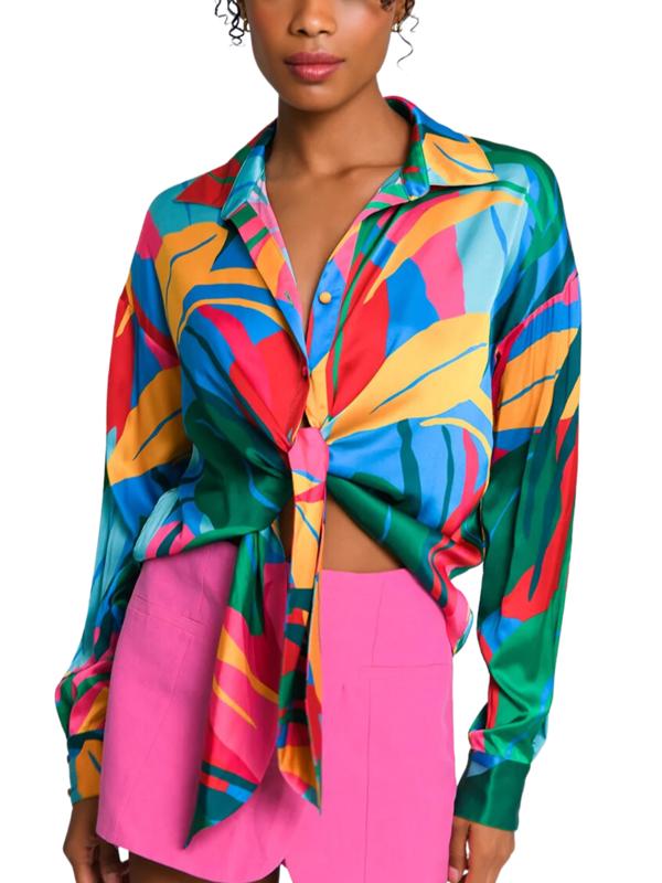 Hutch Tropical Print V-Neck Tie-Front Blouse XS Long Sleeve Multicolor