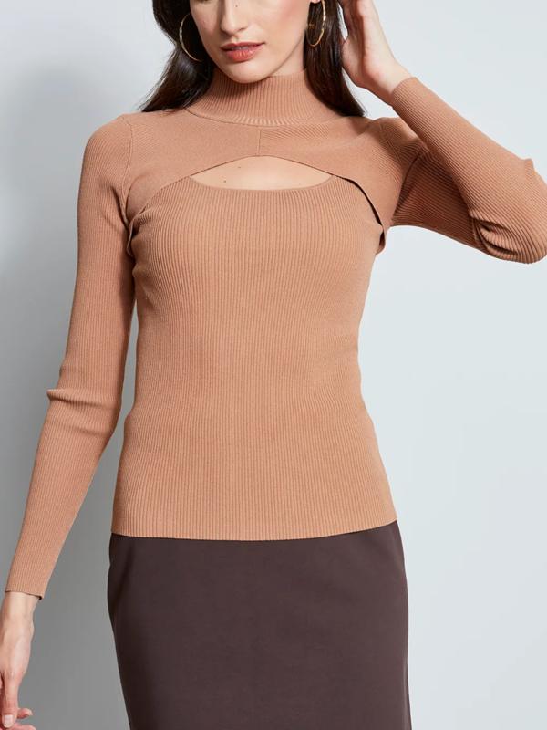 Elie Tahari Long Sleeve Mock Neck Keyhole Sweater - /Beige - L/