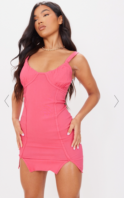 PrettyLittleThing Pink Split Hem Ruched Mini Dress / S