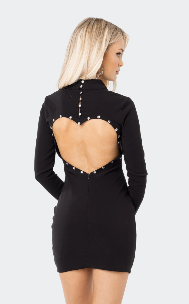 Edikted Black Long Sleeve Heart Back Cut Out Dress