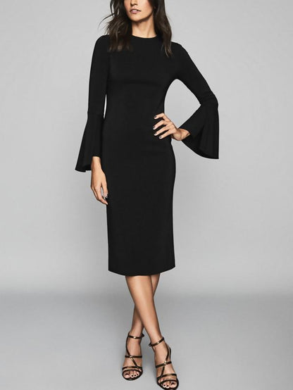 Reiss Fluted Long Bell Sleeve Annie Midi Sheath Dress Black size 4