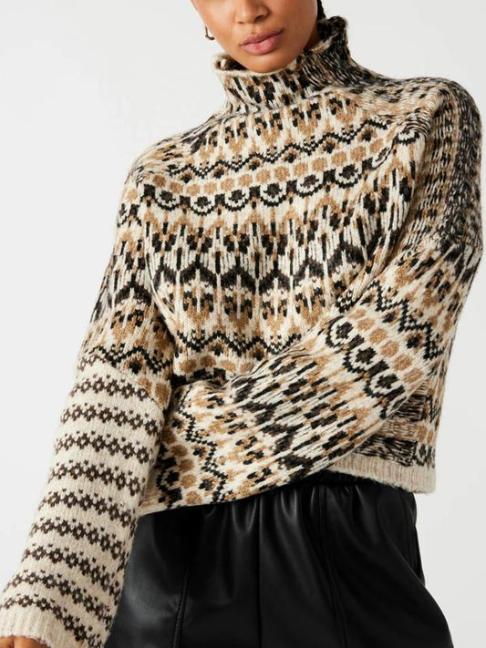 Steve Madden Indie Long Sleeve Wool Blend Sweater - Geometric - Brown Multi/Multi - M/