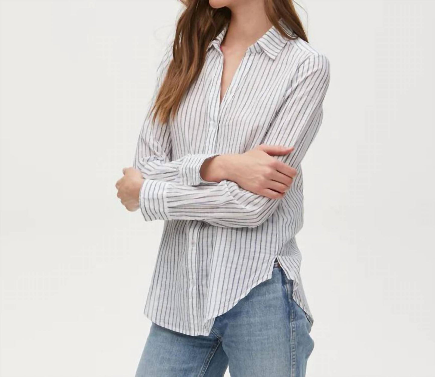 Michael Stars Joanna Button Down Shirt - Stripes - Navy Multi/Navy Stripe