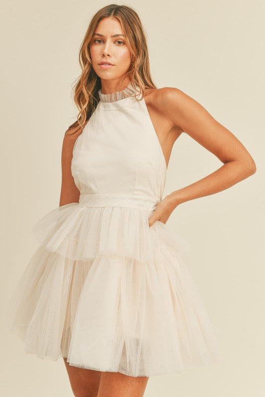 Mable Cream Tulle Mesh Layered High Neck Mini