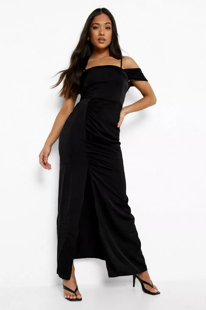 Boohoo Black Shoulder Draped Satin Maxi Dress