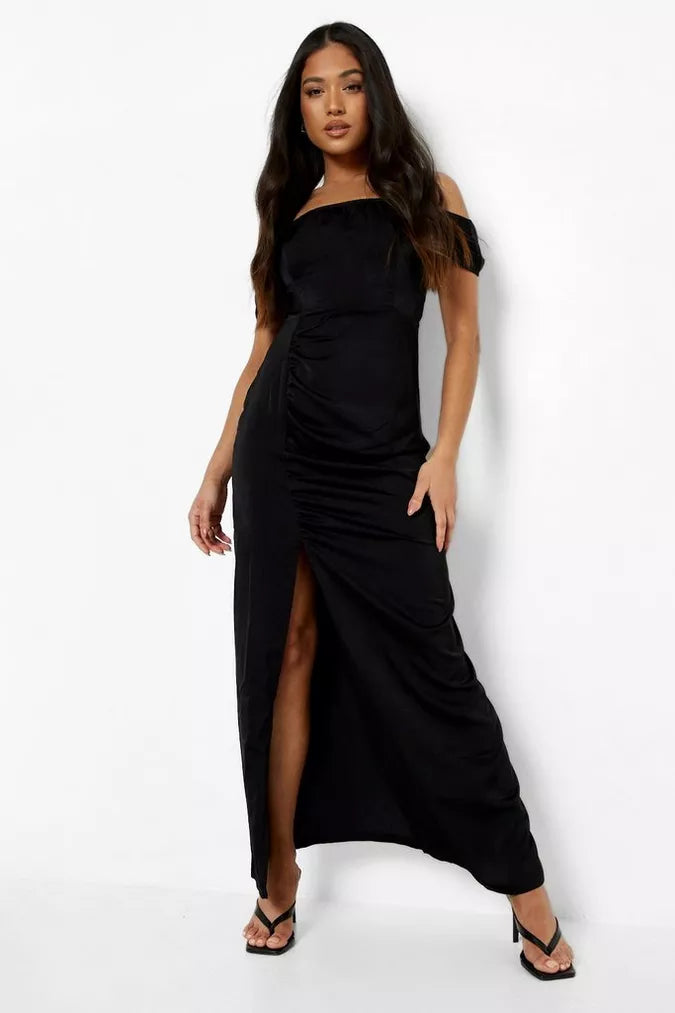 Boohoo Black Shoulder Draped Satin Maxi Dress