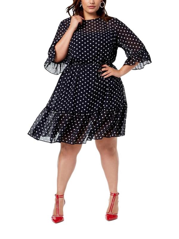 Betsey Johnson Ruffled Belted Flounce Dress - Polka Dot - Navy Multi/Navy/Ivory - 16/