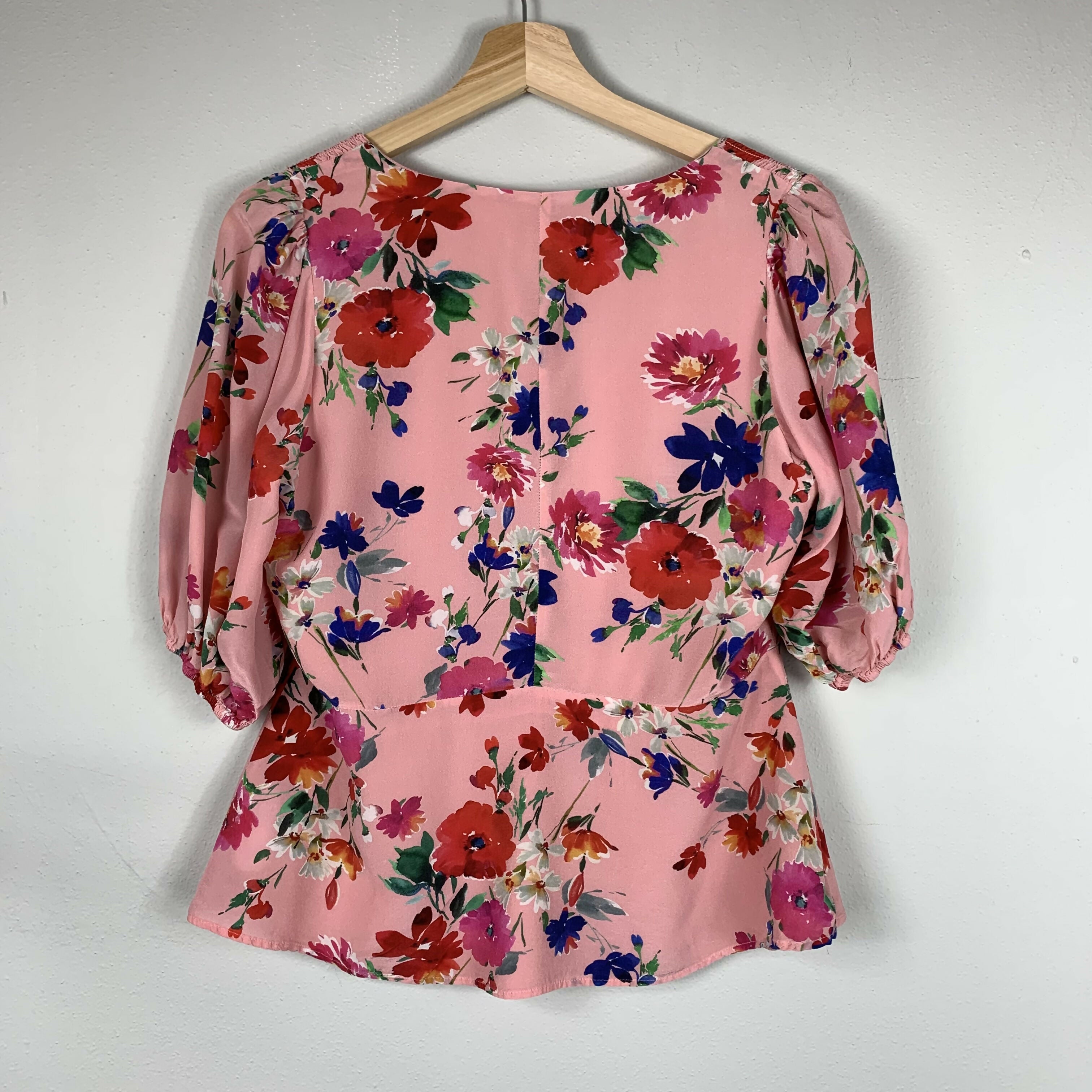 Yumi Kim Short Elastic Sleeve Button Front Blouse - Floral - Pink Multi/Sunnyside Pink (Silk Blend) - L