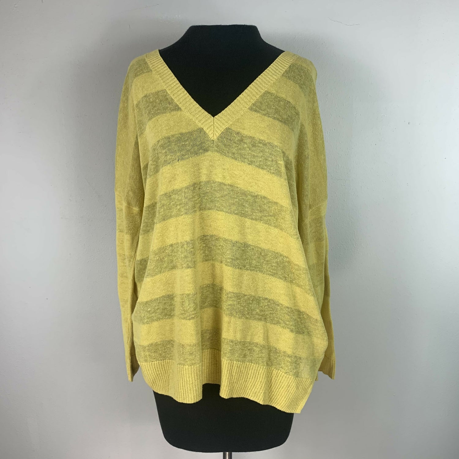 Lilla P Relaxed V-Neck Tunic Sweater - Stripes - Yellow- M