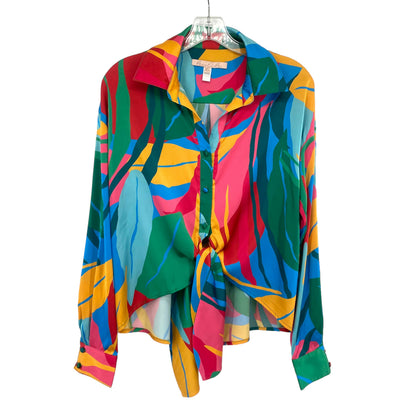 Hutch Tropical Print V-Neck Tie-Front Blouse XS Long Sleeve Multicolor