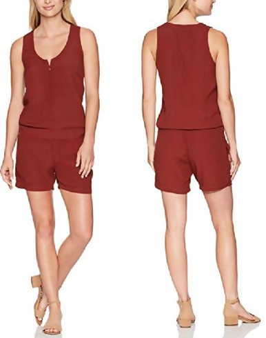 Monrow Sleeveless Scoop Neck Zip Front Romper - Red - S