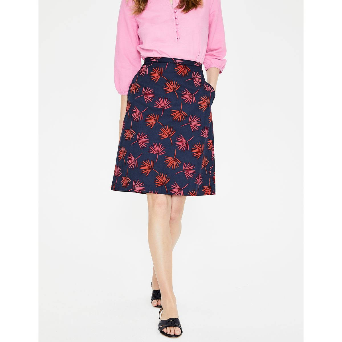 Boden Back Zip Printed A-Line Skirt - Abstract - Red Multi/Navy, Holiday Palm Scattered - 10