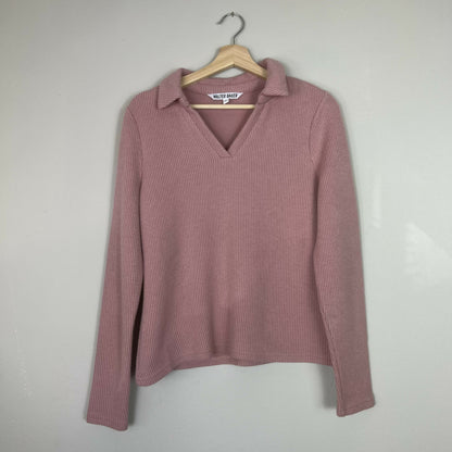 Walter Baker Spread Collar Hudson Rib Knit Top in Dusty Pink XL