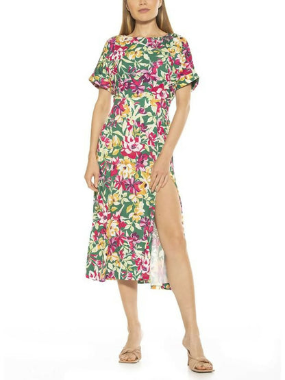 Alexia Admor Lana Boatneck Leg Slit Midi Dress - Green Floral - Medium