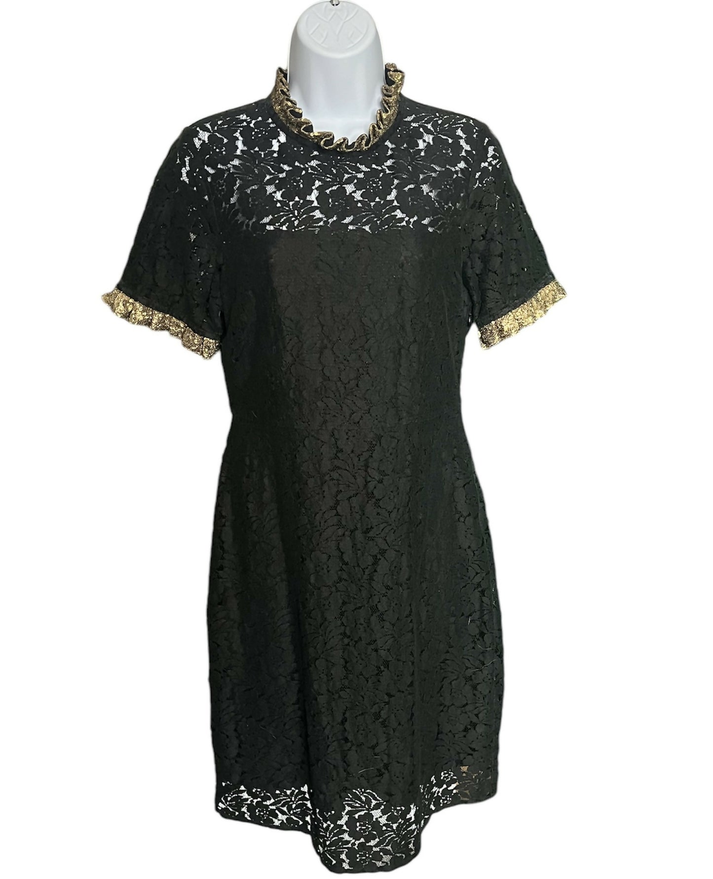 Samshek Short Sleeve Gold Ruffle Lace Overlay Dress Floral Black Multi size 8