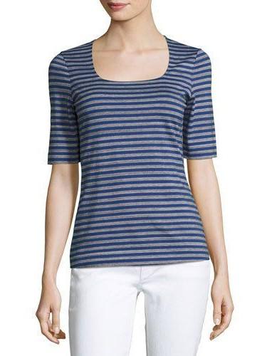 Lafayette 148 New York Square-Neck Striped Tee - Stripes - White Multi/Multi