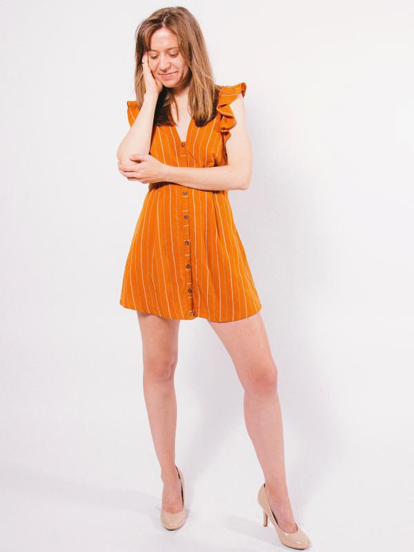 ASTR the Label Upcycled Butterfly Sleeve Deep V-Neck Button-Front Mini Dress - Stripes - Orange Multi/Papaya Stripe - M