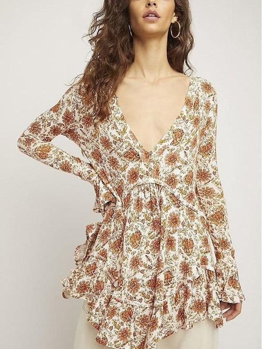 Free People Olivia Printed Tunic - Floral - Beige Multi/Ivory Combo - XS